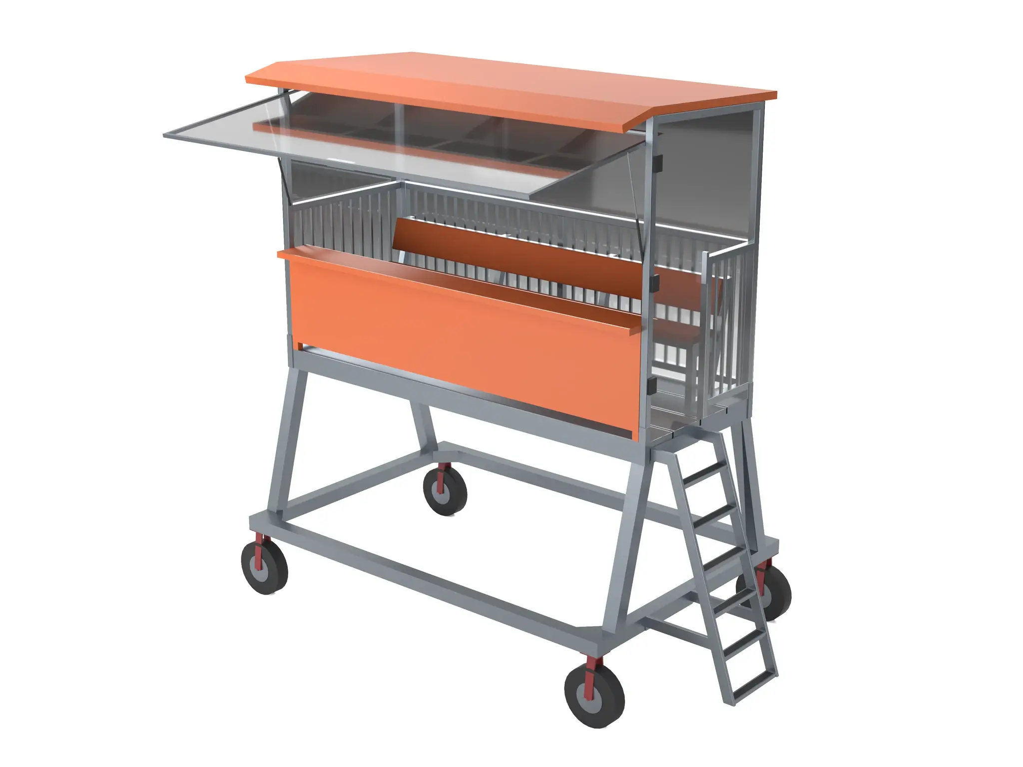 Aluminum press box with its front Lexan hatch raised